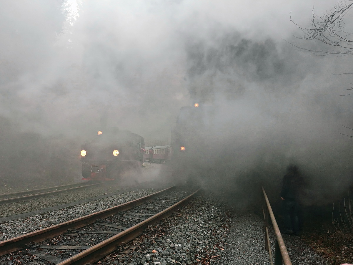 Doppelausfahrt  von 99 5901 und 99 7245-6 am 30. Januar 2016 aus dem Bahnhof Eisfelder Talm�hle. 