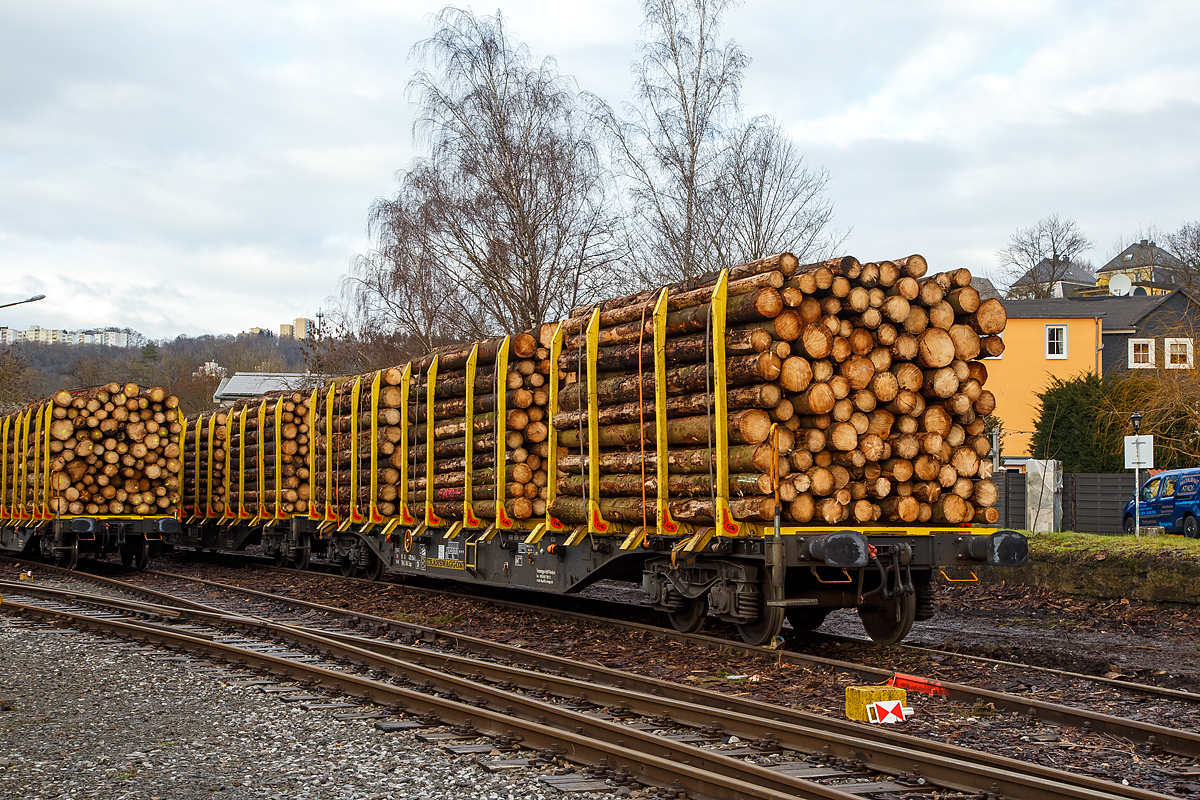 Drehgestell-Flachwagen mit vier Radstzen und Niederbindeeinrichtung, 81 80 4723 154-8 D-TWA, der Gattung Snps, der TRANSWAGGON GmbH, beladen mit Fichten-Rundholz abgestellt am 30.12.2020 in Siegen-Eintracht auf der Gleisanlage der Kreisbahn Siegen-Wittgenstein (KSW). Der Wagen wurde 2016 von Tatravagonka Poprad (Slowakei) unter der Fabriknummer 111 gebaut.

Gewaltige Forstschden an dem kompletten Fichtenbestand durch den Borkenkfer sind in der Region zu beobachten. Mit der Abholzung kommt man nicht hinterher. Hier in Siegen bei der KSW findet die Holzverladung der Region auf die Schiene statt.

Der Drehgestell-Flachwagen wurde speziell fr den Transport von Rundholz und Schnittholz entwickelt und zeichnet sich durch hohe Ladekapazitt und optimierte Ladesicherung aus. 
Tatravagonka Poprad (Slowakei) lieferte Ende 2016 insgesamt 200 Holztransportwagen (Nummernreihe 81 80 4723 000 bis 81 80 4723 199) der Gattung Snps an die Transwaggon GmbH, die diese an vermietet. Die Fahrzeuge sind eine Neuentwicklung in Leichtbauweise. Sie knnen im G2-Profil verkehren und haben neben Deutschland auch eine Zulassung fr die Slowakei, Tschechien, Polen, sterreich, Schweden, Dnemark und Niederlande. Die Snps knnen mit Rundholz in verschiedenen Lngen zwischen 2 Meter und 6 Meter beladen werden. Auf jeder Lngsseite befinden sich zwlf Exte-Rungen, die ber Muttern befestigt werden und umsteckbar sind. Die stabilen Ladeschwellen sind leicht austauschbar. Der Wagenboden besteht aus Trnenblechen. Die einzelnen Fubodenplatten wiegen jeweils rund 30 kg. Zur Verzurrung der Ladung sind von Hand zu bedienende Niederbindeeinrichtungen vorhanden. Die Ladeschwellen sind gengend hoch, so dass die handelsblichen Umschlagmittel verwendet werden knnen.

Die Wagen knnen mit Stirnwnden nachgerstet werden. Und durch eine Nachrstung mit klappbaren Containerzapfen kann der Snps auch wie Tragwagen der Gattung Sggns genutzt werden.

TECHNISCHE DATEN:
Gattung: Snps
Spurweite: 1.435 mm (Normalspur)
Lnge ber Puffer:  20.770 mm
Drehzapfenabstand: 15.230 mm
Radsatzstand in den Drehgestellen: 1.800 mm
Laufraddurchmesser: 920 mm (neu)
Drehgestellt: Y25 Ls-K
Ladelnge: 19.530 mm
Fubodenhhe ber SO: 1.270 mm (OK Ladeschwelle)
Rungenhhe: 2.504 mm
Eigengewicht: 23.000 kg 
Zuladung bei Lastgrenze S: 67 t (ab Streckenklasse D) 
Max. Geschwindigkeit: 100 km/h / 120 km/h (leer)
Kleinster Gleisbogenhalbmesser: 75 m
Bauart der Bremse: KE-GP-A 
Bremssohle: C 810
Handbremse: Ja
Verwendungsfhigkeit: TEN
