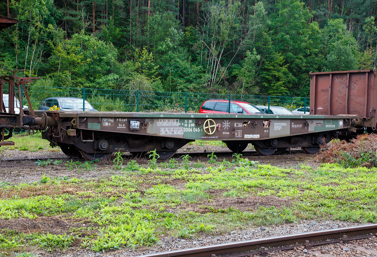 Drehgestell-Schwerlastwagen 33 80 3994 045-1 D-BW (Gattung Rlmmnps 650) der Bundeswehr (Versorgungs-Nr. 2220-00 135-8813) am 09.09.2017 in der SVG Eisenbahn-Erlebniswelt Horb. 

TECHNISCHE DATEN: 
Lnge ber Puffer:  10.800 mm
Drehzapfenabstand:  5.800 mm
Achsabstand im Drehgestell:  2.000 mm
Ladelnge:  9.800 mm
Ladebreite:  3.150 mm
Ladeflche:  29,0 m
Fubodenhhe ber SO:  1.282 mm
Hchstgeschwindigkeit:  100 km/h
Maximale Ladegewicht:  61,0 t (ab Streckenklasse C4)
Eigengewicht:  18.110 kg
Drehgestell-Bauart:  931 (Minden-Dorstfeld)
Bauart der Bremse:  KE-GP
Kleinster bef. Gleisbogenradius:  35 m
Intern. Verwendungsfhigkeit:  RIV
Erstes Lieferjahr:  1955