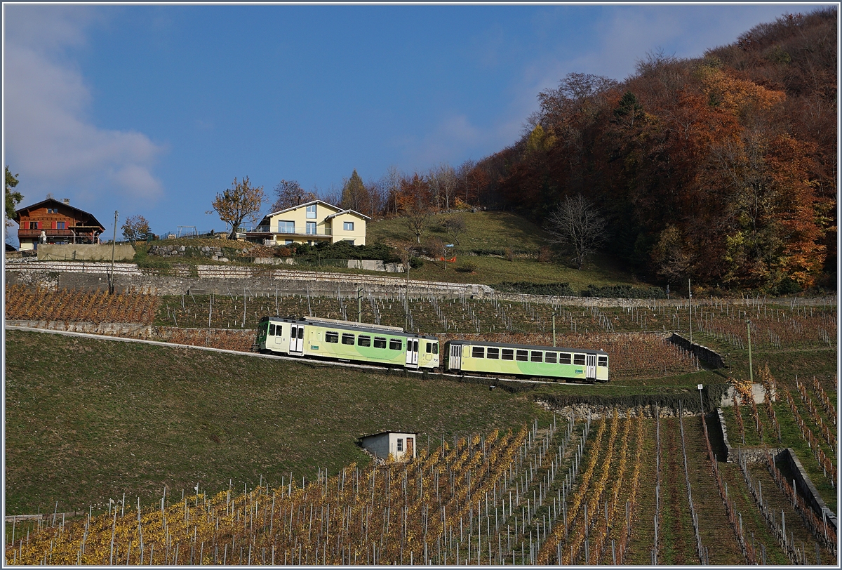 Ein ASD Regionalzug auf der Fahrt von Aigle nach Les Diablerets in den Weinbergen von Aigle.
18. Nov. 2018