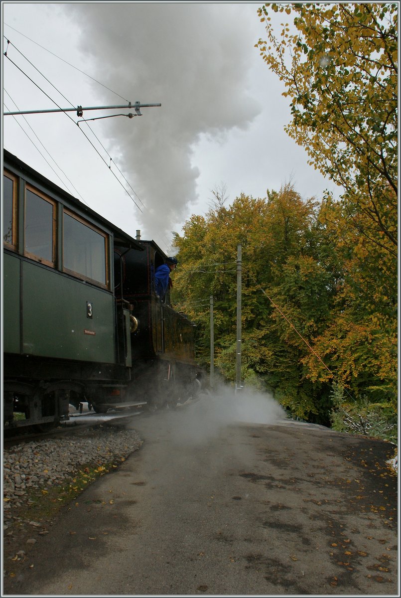 Ein Bahnbild der etwas anderen Art: Dampfambiente einmal aus der Froschperspektive und als Nachschuss...

Letzter Saisonbetriebstag der Blonay-Chamby Bahn.

Bei Blonay, den 28. Okt 2012