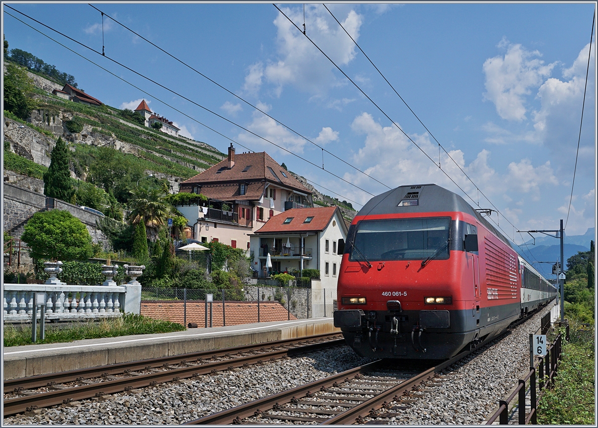 Ein Bild mit einem Hauch mediterranem Flaire: Die SBB Re 460 061-5 fährt in St-Saphorin durch.
23. Juli 2018