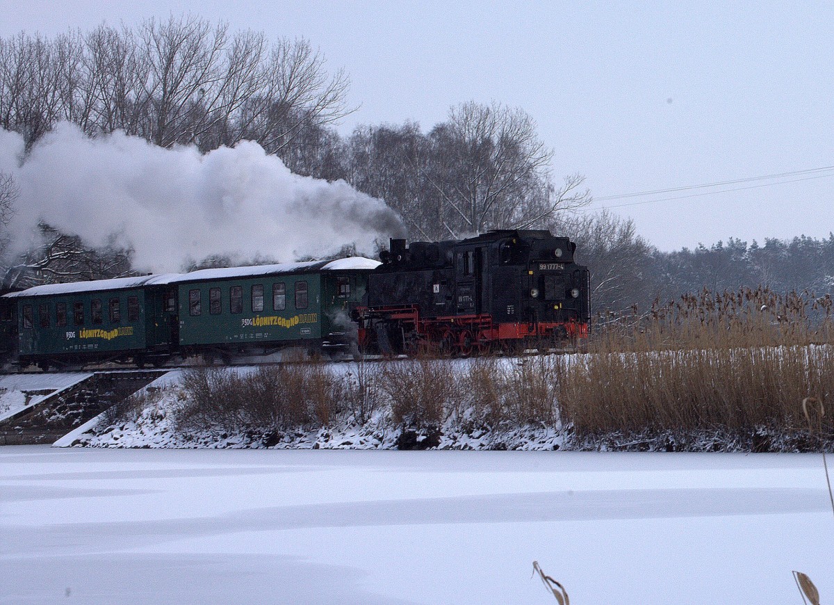 Ein Blick auf den Bahndamm Dippelsdorfer Teich wo 99 1777-4 mit ihrem Zug dar�ber f�hrt. 25.01.2014 12:08 Uhr.