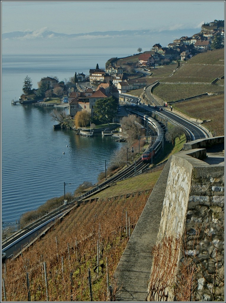 Ein Blick von den winterlichen Weinbergen hinab zu See nach Rivaz, von wo gerade eine  SBB Re 460 mit einem IR kommt.
1. Jan. 2014