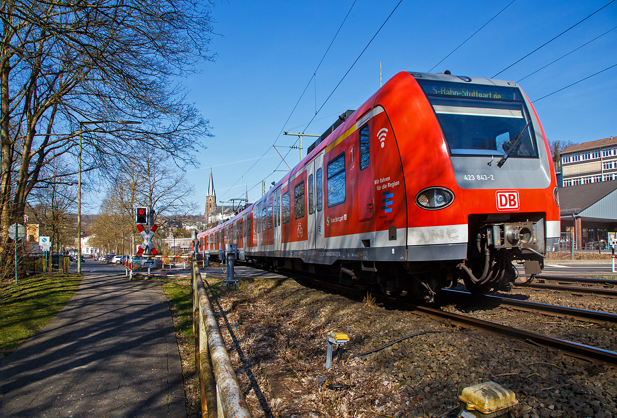 Ein ET 423 der S-Bahn Stuttgart auf Abwegen.....
Der vierteilige Elektrotriebzug 423 843-2 / 433 843-0 / 433 343-1 / 423 343-3 ein „Kurzzug“ der Baureihe 423 (3. Bauserie) der S-Bahn Stuttgart fhrt am 11.03.2022 durch Kirchen (Sieg) in Richtung Kln.

Nochmal einen lieben Gru an den netten Tf zurck.

Die Triebzge der Baureihe 423/433 sind S-Bahn-Triebzge, die seit 1998 den Vorgnger DB-Baureihe 420 ablsen. Die Fahrzeuge wurden ursprnglich fr die S-Bahn Mnchen konzipiert, kommen aber auch bei der S-Bahn Kln, der S-Bahn Stuttgart und der S-Bahn Rhein-Main zum Einsatz. Mit Baureihe 423 werden die beiden angetriebenen Endwagen bezeichnet, whrend die ebenfalls angetriebenen Mittelwagen in die Baureihe 433 eingeordnet werden. Gebaut wurden die Triebzge von einem Konsortium bestehend aus Adtranz, Alstom LHB, ABB und Bombardier. Dieser Triebzug wurde 2003 von Alstom LHB in Salzgitter-Watenstedt unter den Fabriknummern 423.5-343, 433.5-343, 433.0-343 und 423.0-343.

Die vierteiligen Triebzge der Baureihe 423 sind 67,40 Meter lang, sie laufen auf zwei Endtriebdrehgestellen und drei Jakobs-Drehgestellen (2 als Trieb- und in der Mitte ein al Laufdrehgestell. Der Triebzug ist fr den S-Bahn-Betrieb konzipiert und besitzt daher kein WC. Als Leichtbaufahrzeug besteht er grtenteils aus Aluminium. Als Antrieb wird hier Drehstromtechnik mit Bremsstromrckspeisung eingesetzt, die Leistung betrgt 2.350 Kilowatt. Die zulssige Hchstgeschwindigkeit des Triebzugs betrgt 140 km/h.

Ein „Kurzzug“ der Baureihe 423 besteht dabei aus vier Wagen:
Endtriebwagen (ETW) 1: 423 001 – 462
Mitteltriebwagen (MTW) 2: 433 001 – 462
Mitteltriebwagen (MTW) 3: 433 501 – 962
Endtriebwagen (ETW) 4: 423 501 – 962

Die Ordnungsnummern der einzelnen Wagen beruhen dabei im Lieferzustand stets auf dem gleichen Schema, die vorderen beiden Wagen haben die gleiche Ordnungsnummer, whrend die hinteren beiden Wagen die um 500 erhhte Ordnungsnummer tragen.

Zwei Kurzzge bilden einen „Vollzug“, drei Kurzzge bilden einen „Langzug“.

Die Triebzge werden von acht vierpoligen, wassergekhlten Drehstrom-Asynchron-Fahrmotoren mit einer Gesamtleistung von 2.350 Kilowatt angetrieben. Die beiden Traktionsanlagen der Zge, die ber einen gemeinsamen Stromabnehmer mit Energie versorgt werden, sind weitgehend voneinander unabhngig.

Die Zge verfgen ber eine Notbremsberbrckung. Betriebsbremsungen erfolgen ber elektrodynamische Bremsen. Von den 16 Bremszylindern der elektropneumatischen Bremse sind sechs mit einem Federspeicher ausgerstet.

TECHNISCHE DATEN:
Gebaute Einheiten: 462
Spurweite: 1.435 mm (Normalspur)
Achsformel: Bo’(Bo’) (2’) (Bo’) Bo’ (in Klammern Jakobs-Drehgestellen)
Lnge ber Kupplung: 67.400 mm 
Drehzapfenabstnde: 15.140 mm (Endwagen) / 15.460 mm (Mittelwagen)
Achsabstand im End-Drehgestell:  2.200 mm 
Achsabstand im Jakobs-Drehgestell: 2.700 mm
Treib- und Laufraddurchmesser: 850 mm (neu) / 780 mm (abgenutzt)
Leergewicht: 105,1 t
Hchstgeschwindigkeit: 140 km/h 
Leistung: 8 x 293,75 = 2.350 kW
Beschleunigung: 1,0 m/s
Bremsverzgerung: 0,9 m/s
Motorentyp: Drehstrom-Asynchron  vom Typ  4 WIA 3558 G
Anzahl der Fahrmotoren: 8
Kupplungstyp: Scharfenbergkupplung Typ 10
Sitzpltze: 192
Fubodenhhe: 1.025 mm (Einstiegshhe von 995 mm)