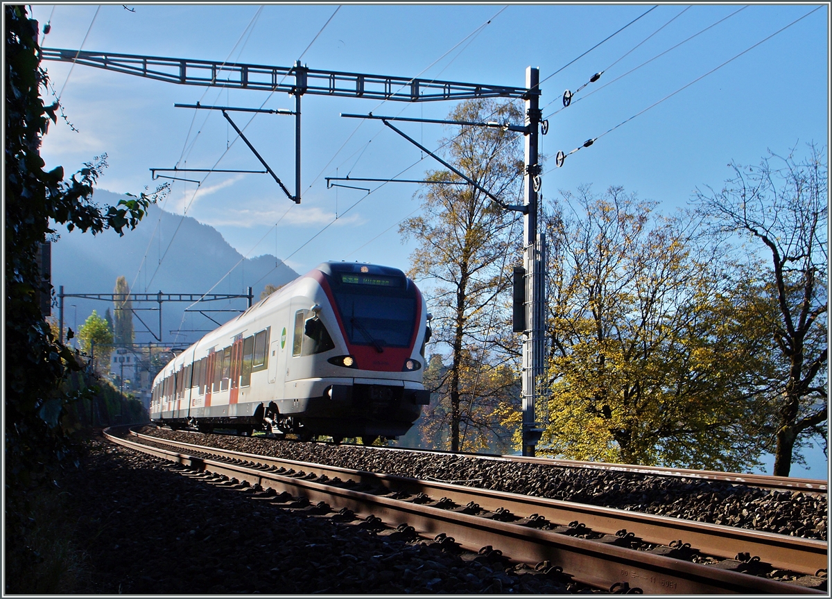 Ein Flirt im herbstlichen Gegenlicht kurz nach Villeneuve auf der Fahrt Richtung Montreux. 
01. Nov. 2014