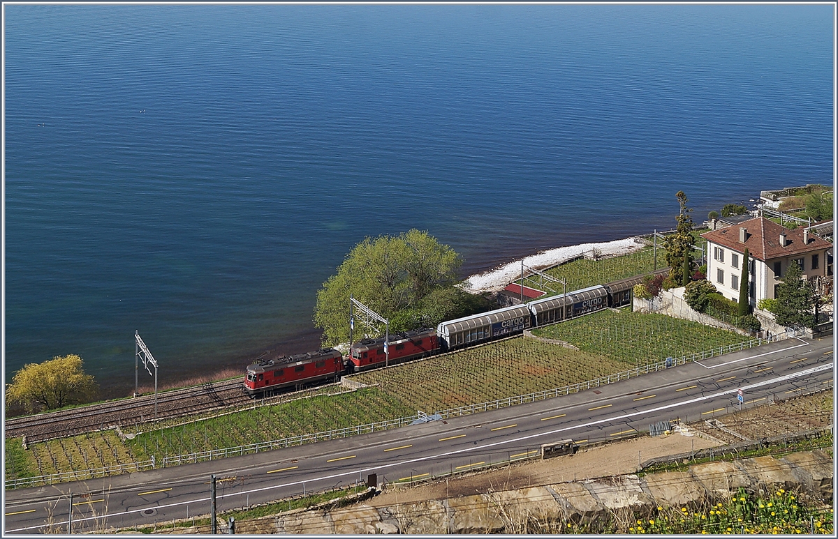 Ein Güterzug mit zwei Re 4/4 II auf der Fahrt durch Lavaux zwischen Epesses und Rivaz.

20. April 2018