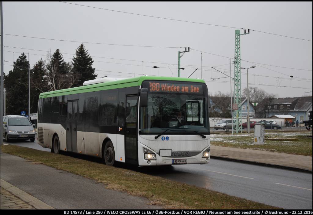 Ein IVECO CROSSWAY LE €6 im noch neutralen VOR REGIO Design unterwegs in Neusiedl/See.