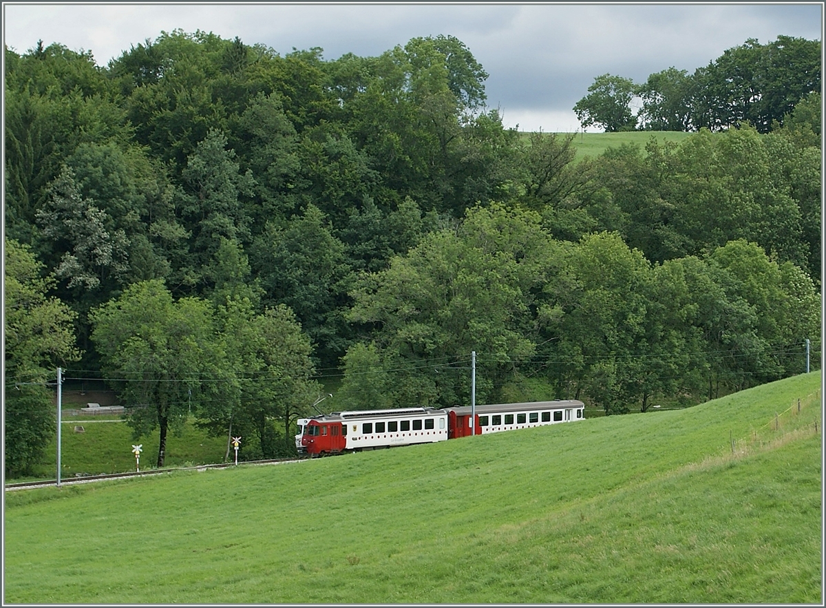 Ein kurzer TPF Regionalzug zwischen Châtel St-Denis und Palézieux kurz vor Bossonnens. 

12. Juli 2012