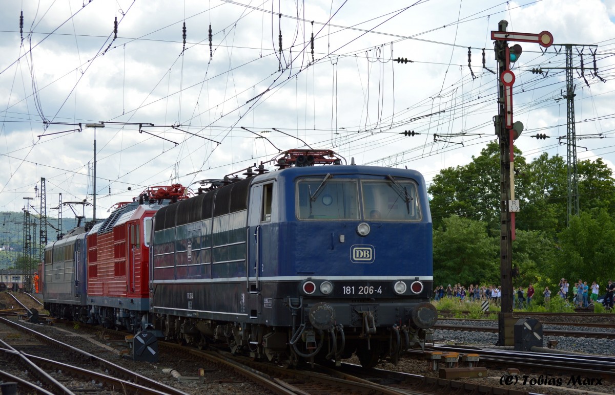 Ein neues dreier Gespann. 151 084 hinten, 180 014 in der Mitte und 181 206-4 vorne beim Sommerfest am 13.06.2015 in Koblenz.