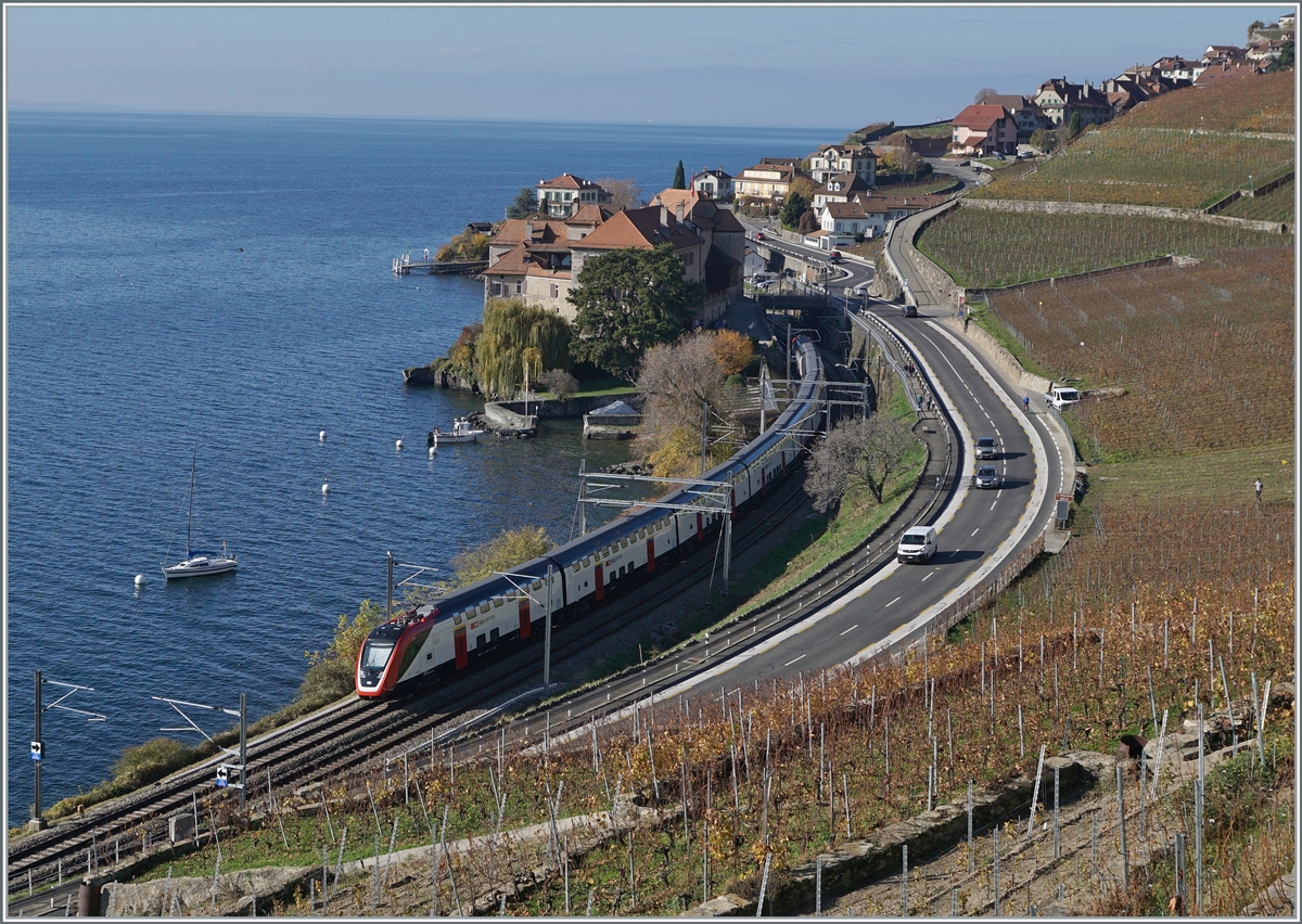 Ein RABe 502 Twidexx als Extrazug auf der Fahrt nach Lausanne kurz vor Rivaz. Im Fahrplanbetrieb sind die Twindexx auf der Simplon-Strecke (noch) nicht vorgesehen. 

14. Nov. 2020