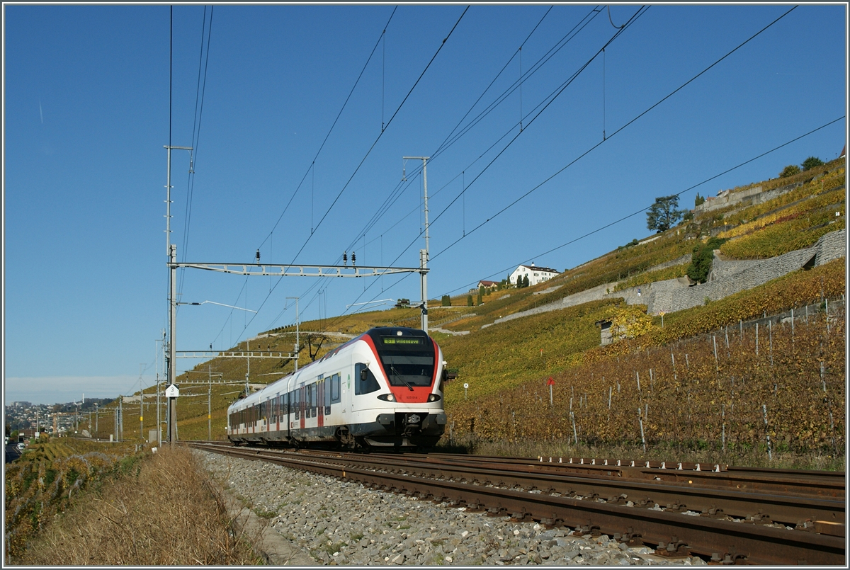 Ein SBB Flirt RABe 523 als S 1 nach Villeneuve kurz vor Cully.
28. Okt. 2013