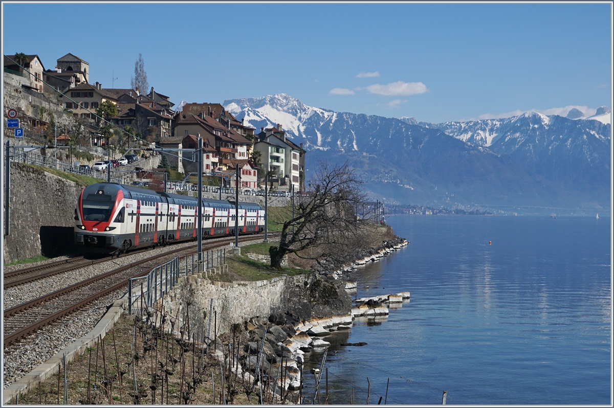 Ein SBB RABe 511 ist bei St-Saphorin auf der Fahrt von Vevey nach Genève und nutzt dabei das bergseitige Gleis. 

24. März 2018