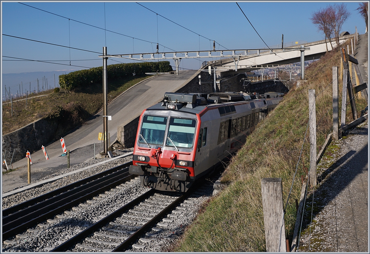 Ein SBB RBDe 560 Domino kurz vor Grandvaux auf der Fahrt nach Palézieux.

6. Feb. 2019