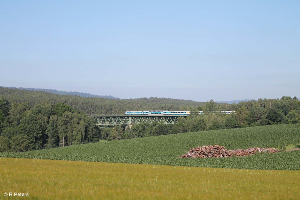 Ein unbekannter ER20 zieht am 23.06.17 als ALX84109 Hof - München bei Unterthölau übers Viadukt. 