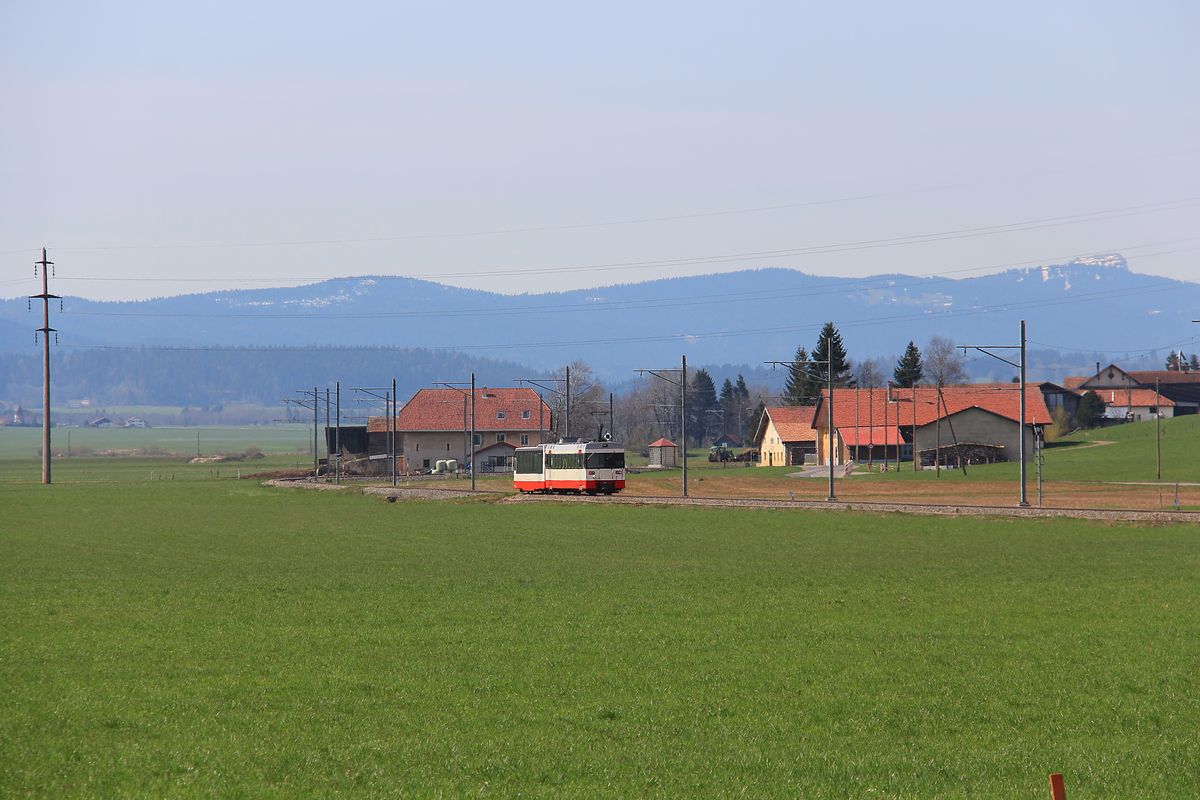 Ein Zug (mit Triebwagen 6) verschwindet inmitten einsamer bäuerlicher Landschaft Richtung Les-Ponts-de-Martel, 21.April 2016.  
