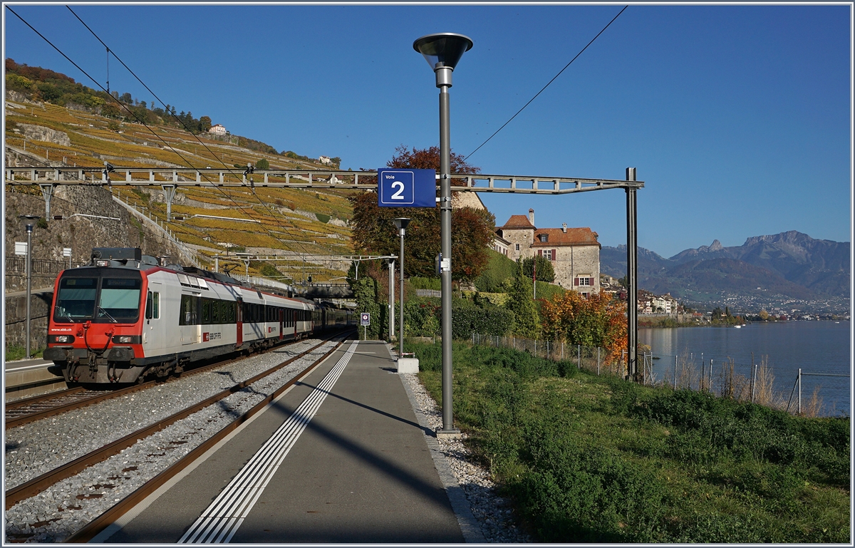 Eine Doppel-Domino Komposition fährt als RE 3567, von Lausanne nach St-Maurice unterwegs, in Rivaz durch. 
16. Okt. 2017