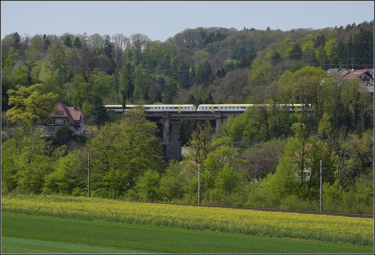 Eine Doppeltraktion 612 auf der Mhlbachbrcke bei Albert. Betrachtet aus der Schweiz. April 2019.