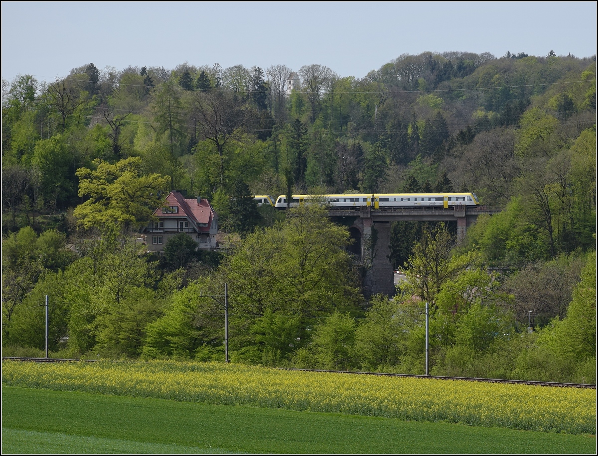 Eine Doppeltraktion 612 auf der Mühlbachbrücke bei Albert. Betrachtet aus der Schweiz. April 2019.