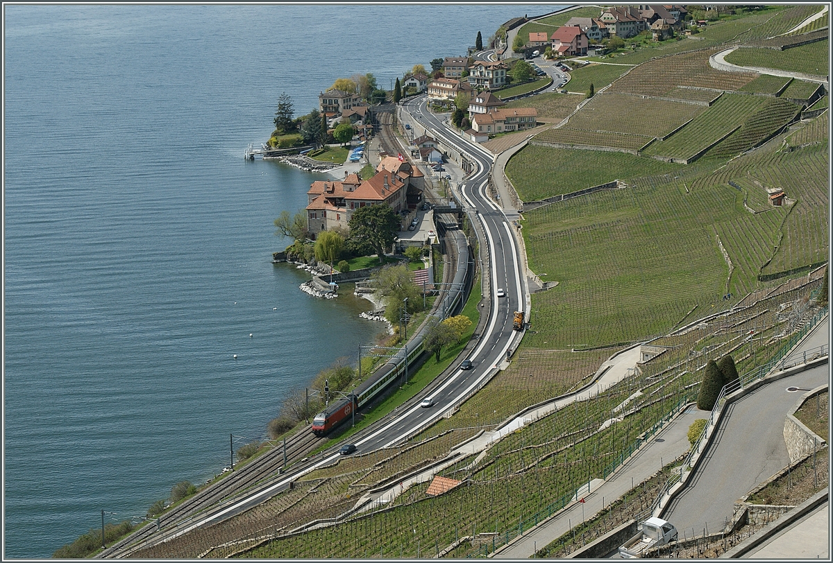 Eine SBB Re 460 ist bei Rivaz mit einem IR Richtung Brig unterwegs.
23. April 2012