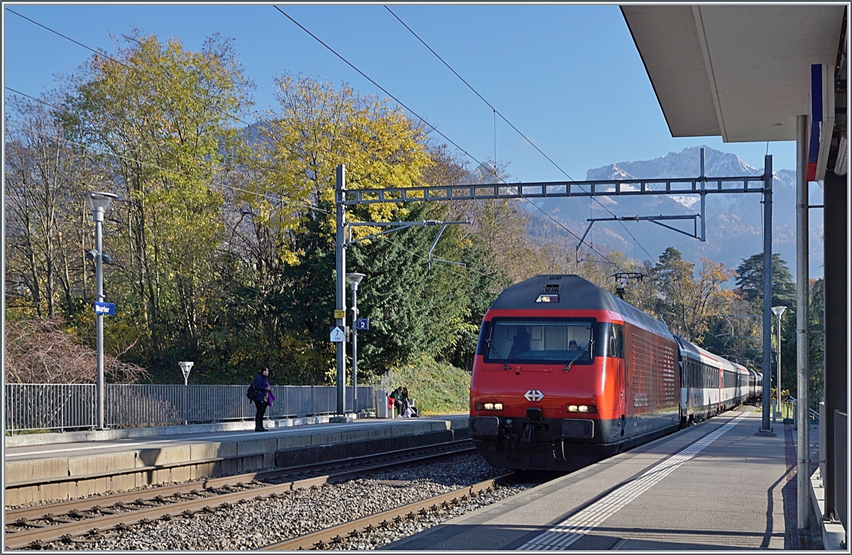 Eine SBB Re 460 fährt mit einem IR90 durch dass Spätherbstliche Burier. 

23. Nov. 2023
