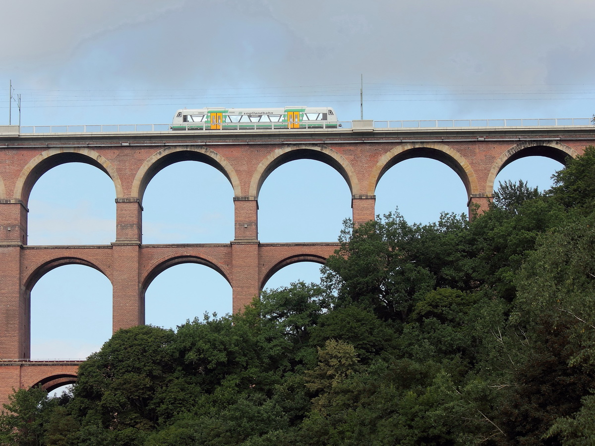 Eine unbekannter Triebwagen der BR 650 der Vogtlandbahn passiert am 12. August 2014 die G�ltzschtalbr�cke.