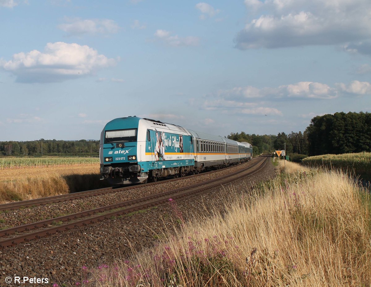 Endlich auch mal ein halb wegs vernüpftiges Bild erwischt von 223 072  Griaß di Allgäu  . Hier zieht sie den ALX84111 von München nach Hof bei Oberteich. 17.08.18