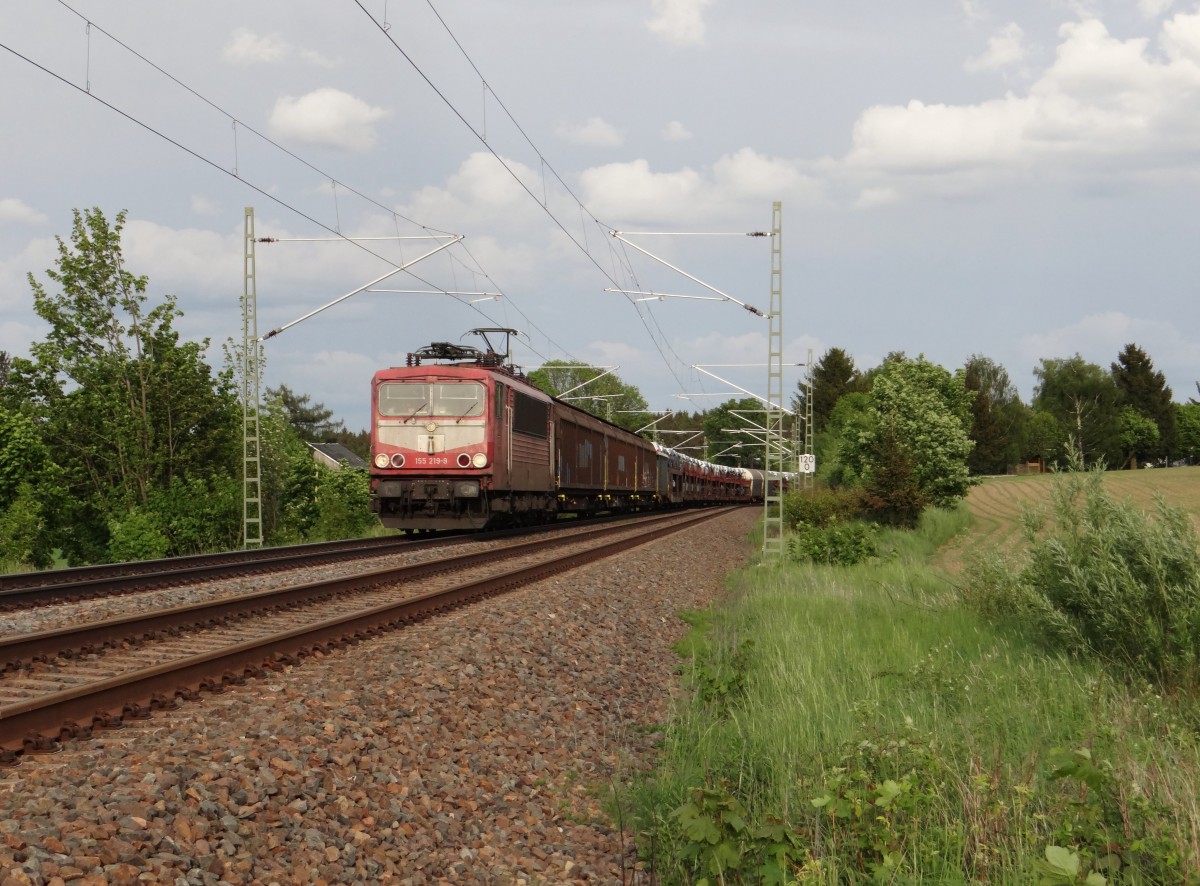 Endlich hat es die 155 219-9 auch mal ins Vogtland geschafft. Hier am 19.05.15 an der Schöpsdrehe bei Plauen/V. zu sehen.