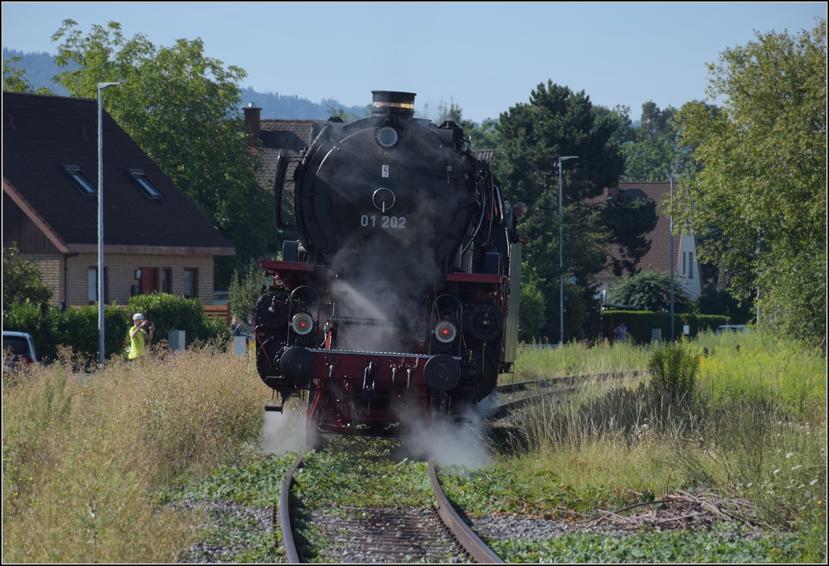 Endlich wieder Züge auf dem Schweizerbähnle (Etzwilen-Singen). 01 202 setzt vom Kreisverkehr die Fahrt Richtung Rielasingen fort. Singen, August 2020.