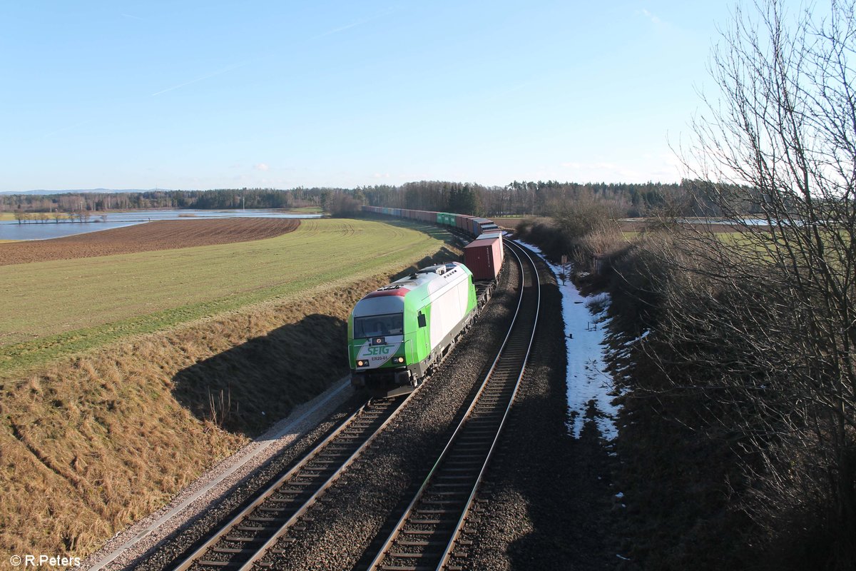 ER20-01 alais 223 101 zieht den Wiesau Containerzug von Wiesau nach Hof/Hamburg bei Oberteich. 30.01.18