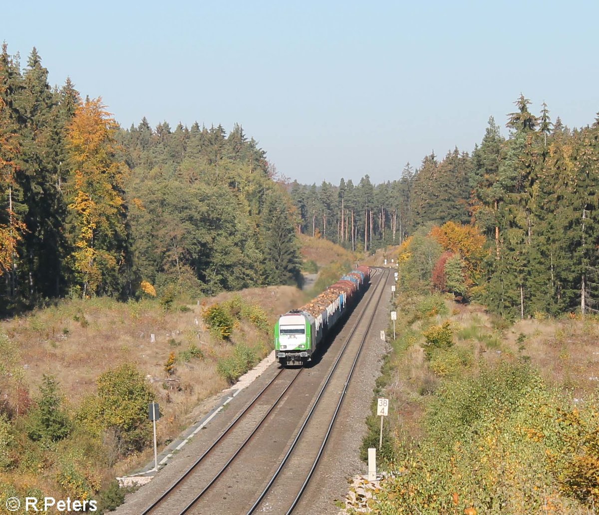 ER20 alias 223 101 zieht kurz vor Oberteich ein Holzzug von Cheb nach Wiesau. 12.10.18