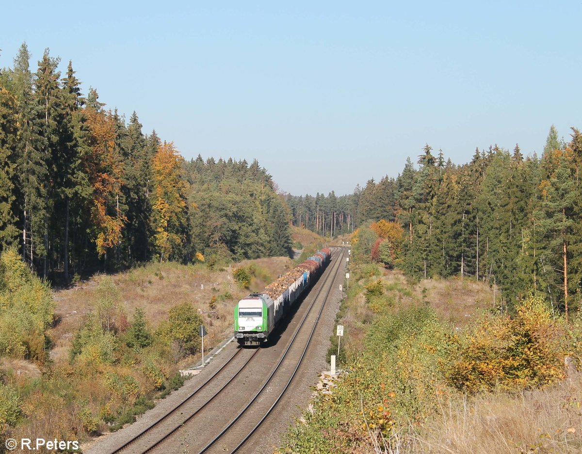 ER20 alias 223 101 zieht kurz vor Oberteich ein Holzzug von Cheb nach Wiesau. 12.10.18