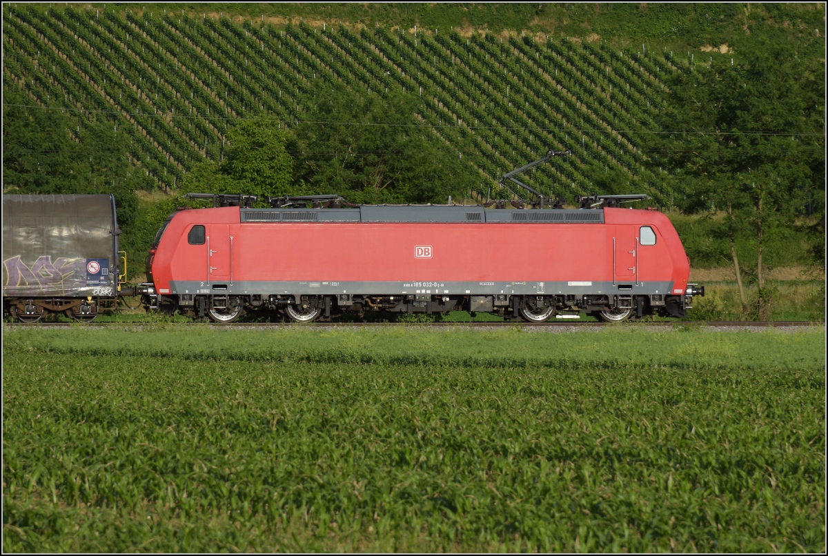 Erstaunlicherweise die einzige Vertreterin der DB auf der eigenen Strecke war 185 032, ein Traxx AC1 mit Frankreichzulassung. Möglicherweise im Abzweig auf dem Streckenast ins Elsass. Buggingen, Juni 2022.
