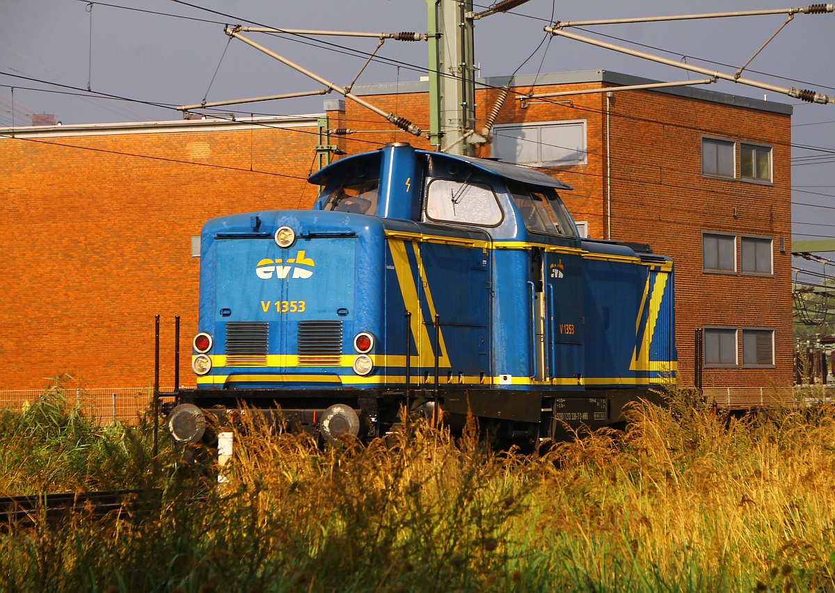 EVB V 1353 oder 213 338-7(Unt/HB X/10.02.12)dieselt hier während eines Schauers(wir mussten unter einer Brücke warten) vorbei am Umspannwerk HH-Waltershof/Dradenau. 06.09.2014