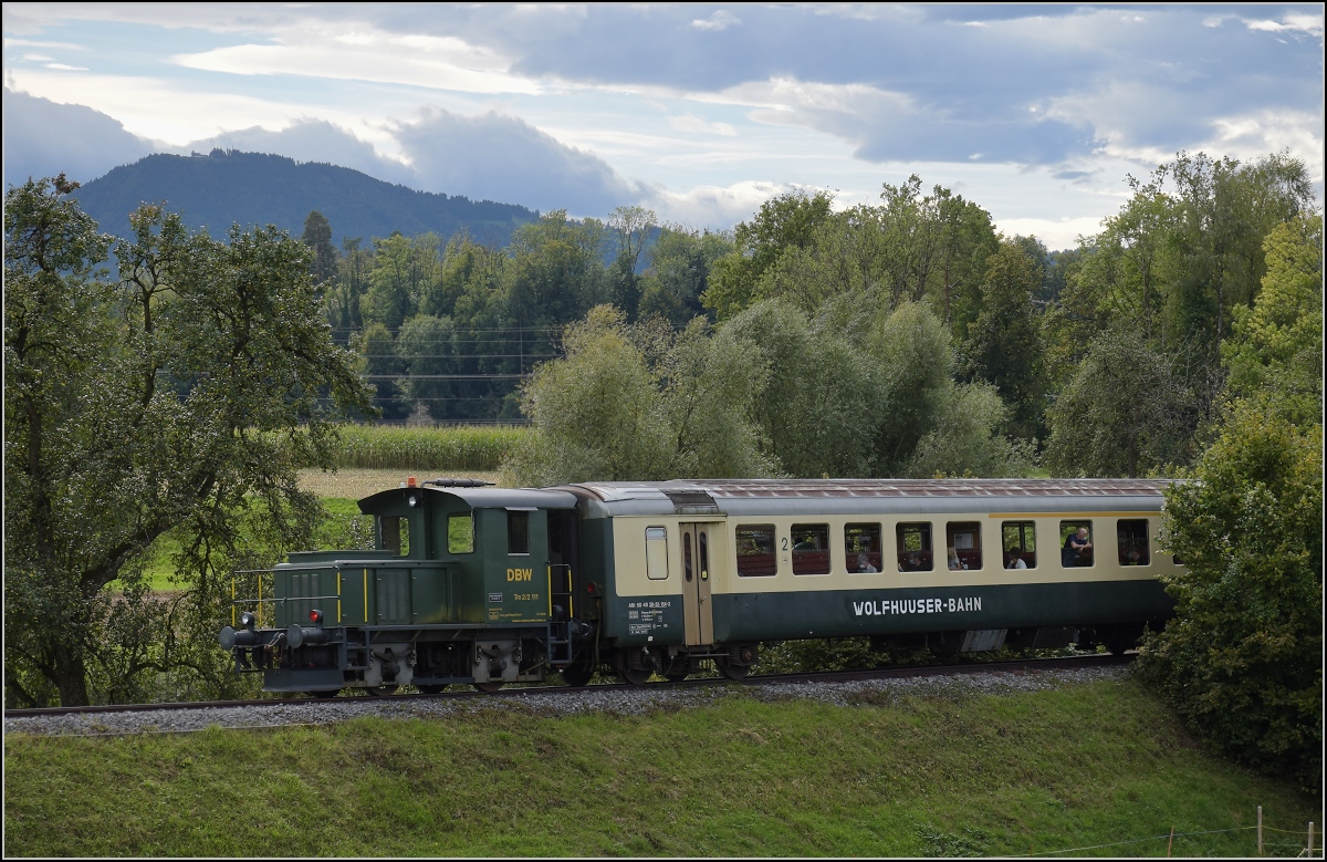 Fahrtag Wolfhuuser Bahn.

Tm 2/2 111 beim Gehöft Büel am Ortsende Bubikon. Oktober 2021.