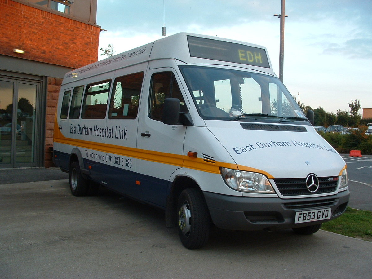 FB53 GVD
2003 Mercedes Benz 411CDi
Koch B16F

Photographed at James Cook University Hospital, Middlesbrough, England on 20th September 2008.

This was one of five Sprinters acquired by Scarlet Band for operation of a demand responsive service between the East Durham area to hospitals in Cleveland (James Cook, North Tees and Hartlepool Hospitals) and Sunderland (Sunderland Royal & Sunderland Eye Hospital), on behalf of Durham County Council & Tyne, Wear & Tees NHS Trust.