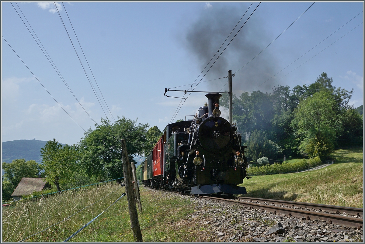  Festival Suisse de la Vapeur 2022 / Schweizer Dampffestival 2022  der Blonay-Chamby Bahn: Nun ist die vor kurzem aus Meiningen zurückgekehrte BFD HG 3/4 N° 3 der Blonay-Chamby Bahn wieder in Betrieb. Die HGe 3/4 N° 3 ist mit ihrem Zug von Blonay Richtung Chamby bei Chaulin unterwegs.

4. Juni 2022