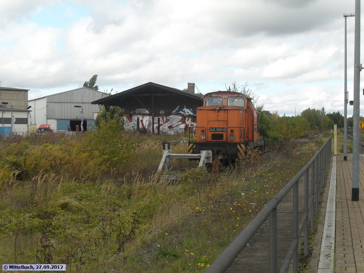 F�r diverse Bauarbeiten in der Gegend um Halle waren in Halle-Trotha immer wieder verschiedene Loks abgestellt. Am 27.09.2012 stand hier eine V60-Ost.