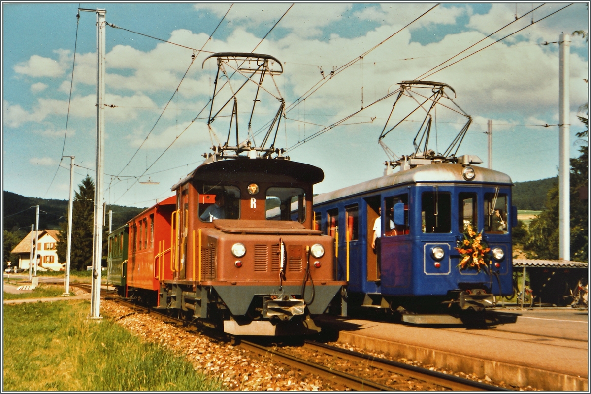 Für den Geschsellschaftsverkehr hielt die WSB zwei Züge vor:  S' farbige Bähnli  (links) und  s'blaue Bähnli  (rechts).
Beide zeigen sich hier am 14. Juli 1984 in Gontenschwil.