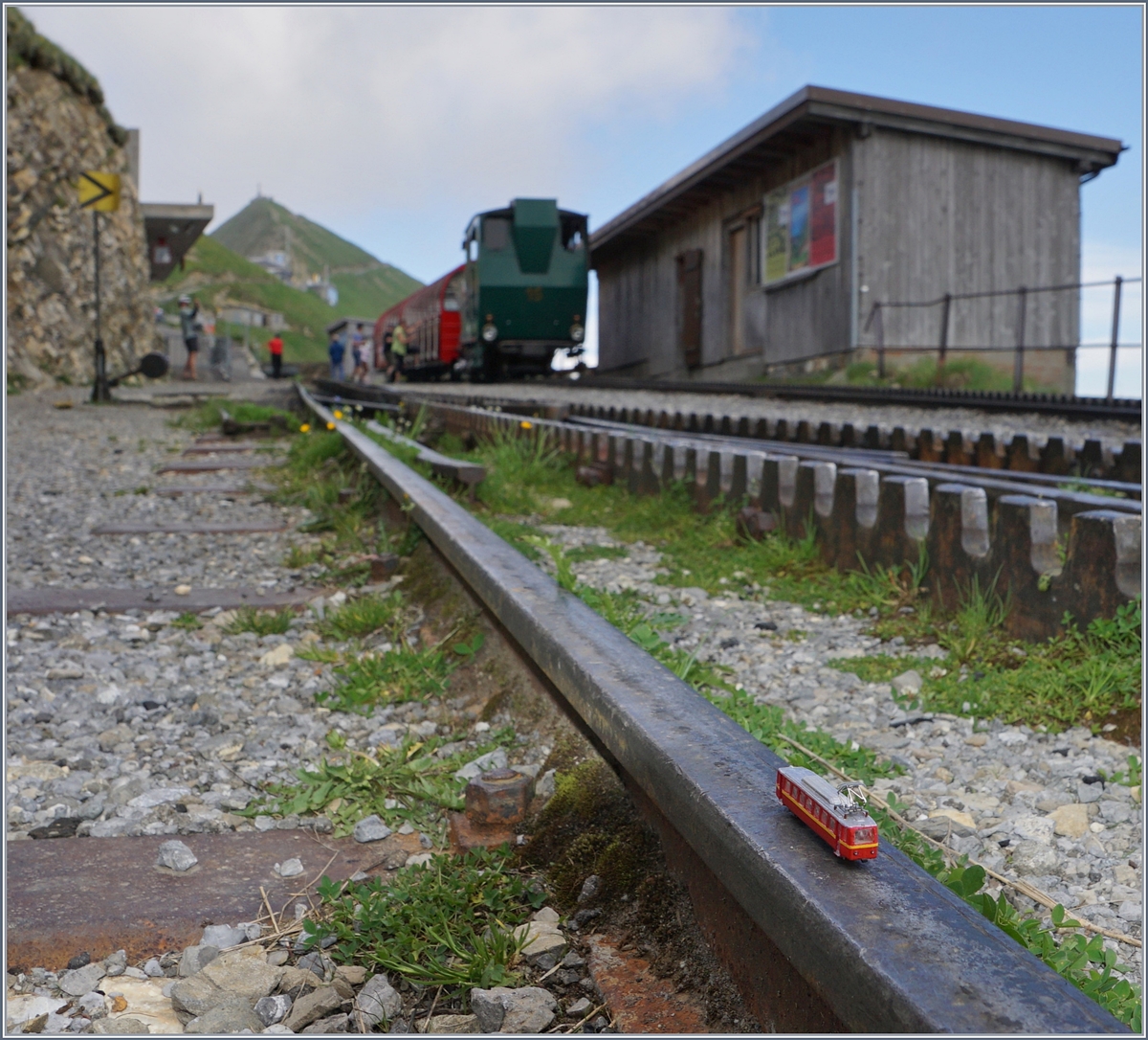 Für den Ze Triebwagen (Massstab 1:220/Spurweite 3mm) scheint selbst die schmale 80 cm Spurweite unnüberwindbar gross...
Brienzer Rothorn, den 7. Juli 2016