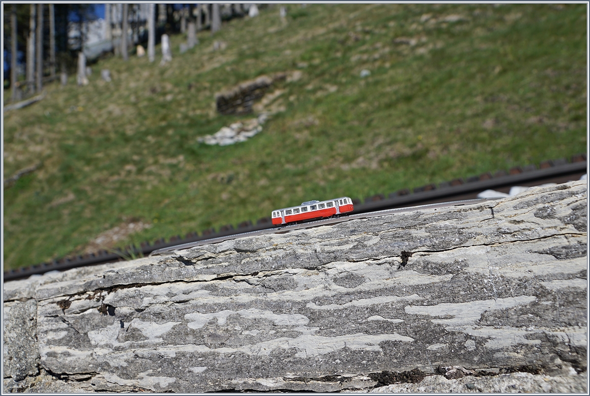  Gartenbahn  kennt jeder und verbindet damit die relativ grossen Fahrzeue von LGB; ich freue mich hier ein Bild zeigen zu können, das eine Bergbahn zeigt, ein MG Bhm 2/4 im Massstab 1:220 auf dem Weg zum Monte Generoso. 
Zum Zeitpunkt der Aufnahme steht der Zug zwar, doch ein paar Minuten vorher drehte er auf dem Trasse der Monte Generoso Bahn ein paar Runden...

21. Mai 2017
