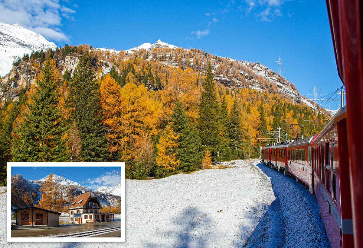 
Geführt von den beiden RhB ABe 4/4 III Triebwagen Nr. 53  Tirano  und Nr. 54  Hakone  fährt unser RhB Regionalzug von Tirano nach St. Moritz, am 04.11.2019 von Cavaglia nach Alp Grüm hinauf. Oben das Hotel Restaurant Belvedere Alp Grüm, links etwas tiefer die RhB Bahnstation Alp Grüm. 
In dem kleinen Bild: Die Haltestelle Cavaglia der Berninabahn, im Hintergrund das Berninamassiv.
