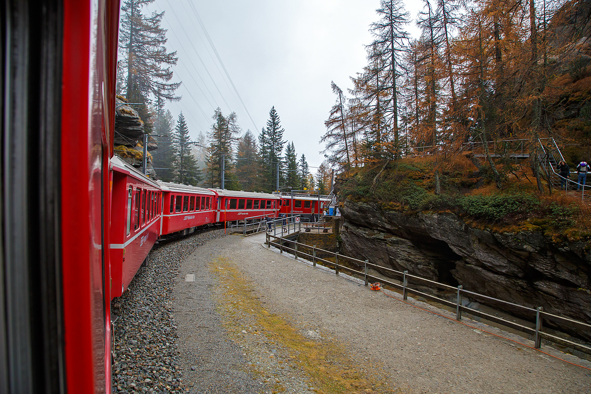 Geführt von den beiden RhB ABe 4/4 III Triebwagen Nr. 54  Hakone  und 53  Tirano  fährt am 02.11.2019 unser RhB Regionalzug nach Tirano von Cavaglia (1.693 m ü. NN) in Richtung Poschiavo hinab.