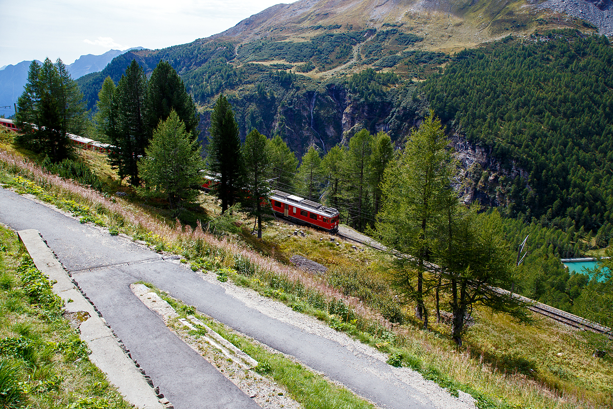 Geführt von den beiden RhB Triebwagen ABe 4/4 III - 51  Poschiavo  und ABe 4/4 III - 53  Tirano  fährt der Regionalzug nach Tirano am 13.09.2017 von Alp Grüm hinab ins Puschlav.