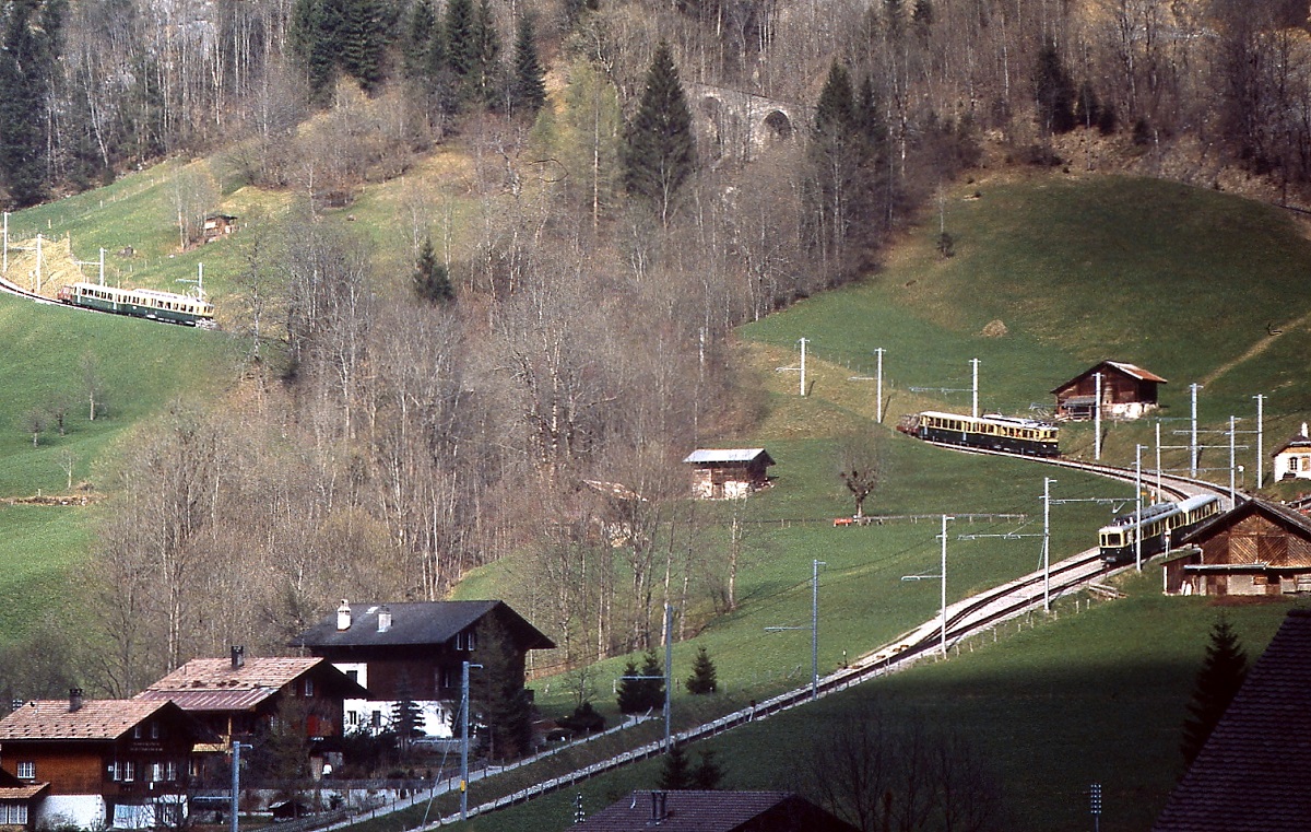 Gleich drei Züge der Wengernalpbahn sind im Juni 1990 zwischen Wengen und Lauterbrunnen bei Wittimatte unterwegs, im Hintergrund ist ein Viadukt der 2007 stillgelegten alten Steilstrecke zu erkennen.