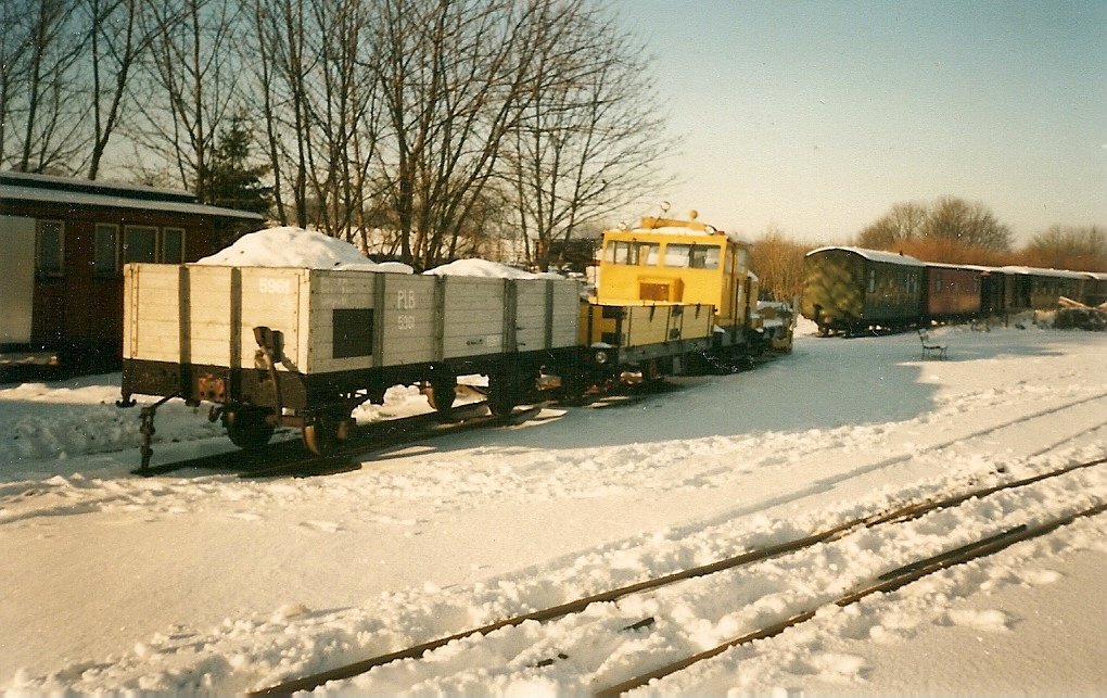 Güterwagen,Skl und Reisezugwagen abgestellt im verschneiten Putbus.