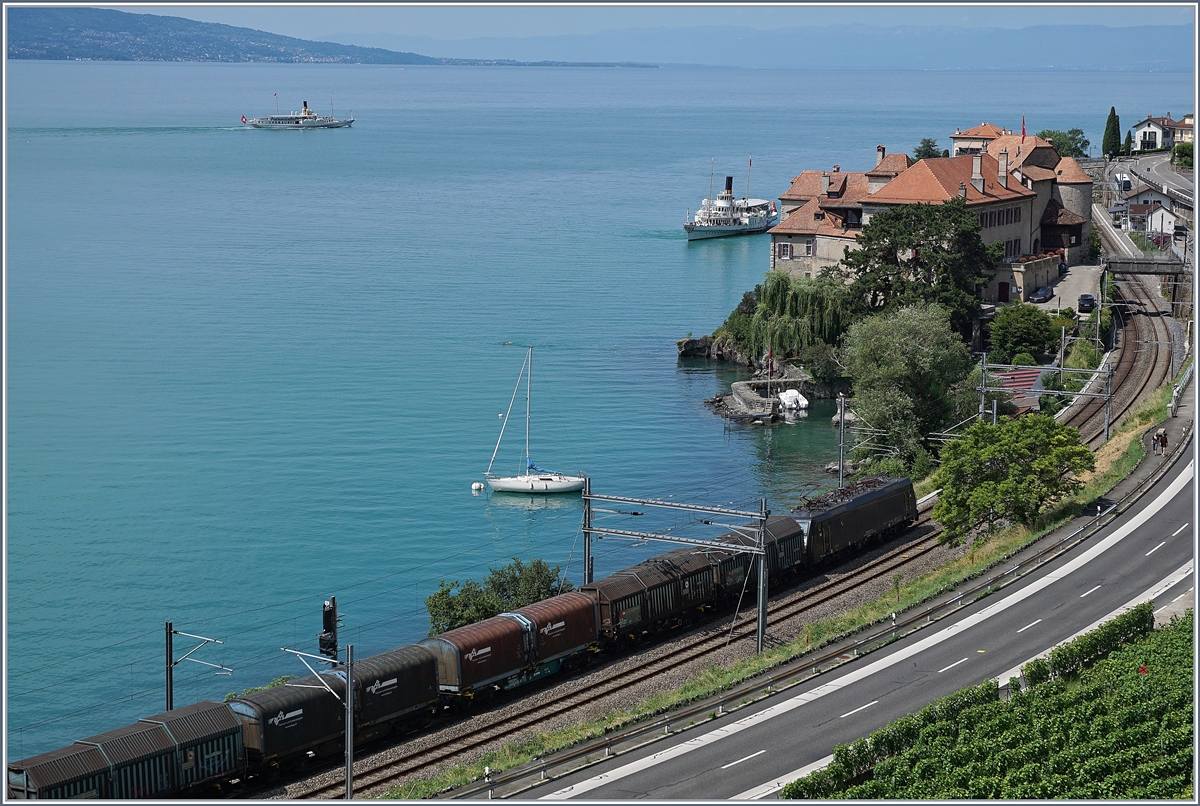 Güterzug von hinten ist nicht so meine Art, doch der Novellis-Zug UND das Schiff liessen sich nur so gemeinsam auf dieses Bild, welches bei einer Wanderung in Rivaz entstanden ist, bringen. 

2. Juli 2019