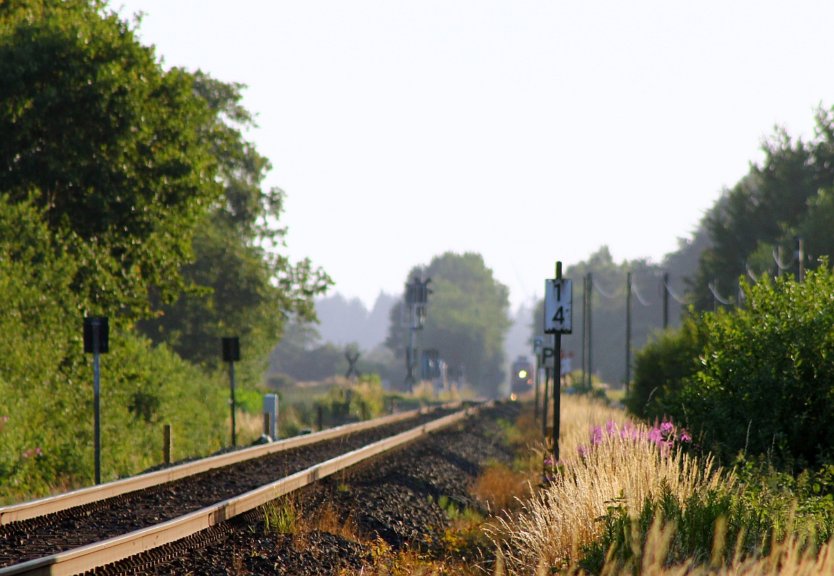 Gut nen Kilometer weg aber gut zu hörbar kündigt sich hier auf der eingleisigen Strecke von und nach Husum der nächste Umleiter an. Standort KBS 134 Esig G775(Einfahrsignal für Jübek). 21.07.2015