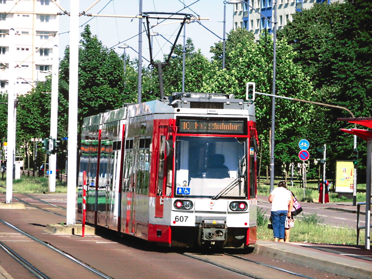 HAVAG Wagen 607 an der Haltestelle Halle, Schwimmhalle am 19.6.17