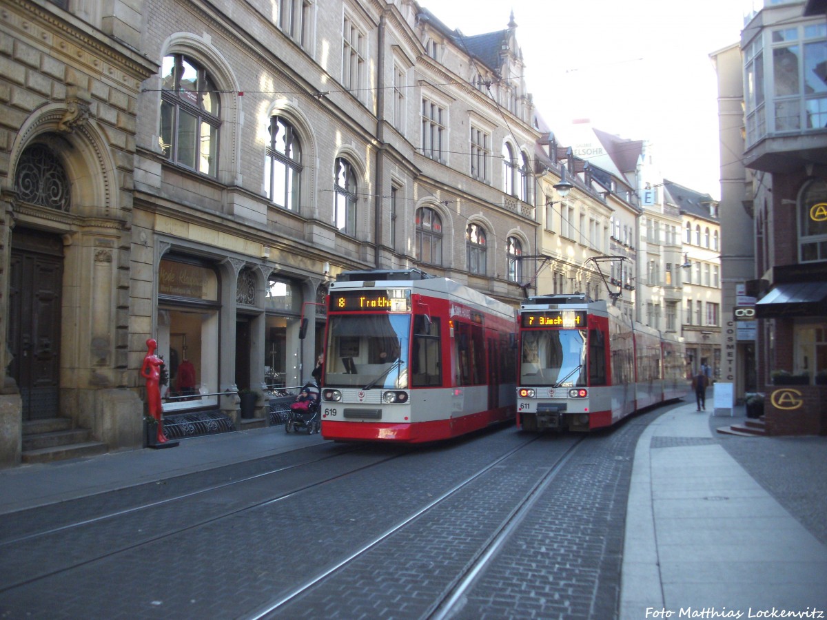 HAVAG Wagen 619 als Linie 8 mit ziel Trotha und Wagen 611 als Linie 7 mit ziel Bschdorf trafen sich in der Hallenser Innenstadt am 8.11.14